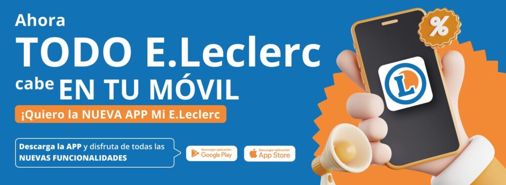 Descarga la nueva App Mi E.Leclerc y disfruta de todas las nuevas funcionalidades. Ahora todo E.Leclerc cabe en tu móvil.